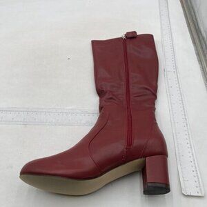 Knee High Boots for Women Low Chunky Heel Round Toe Wide Calf Tall Boots Wine